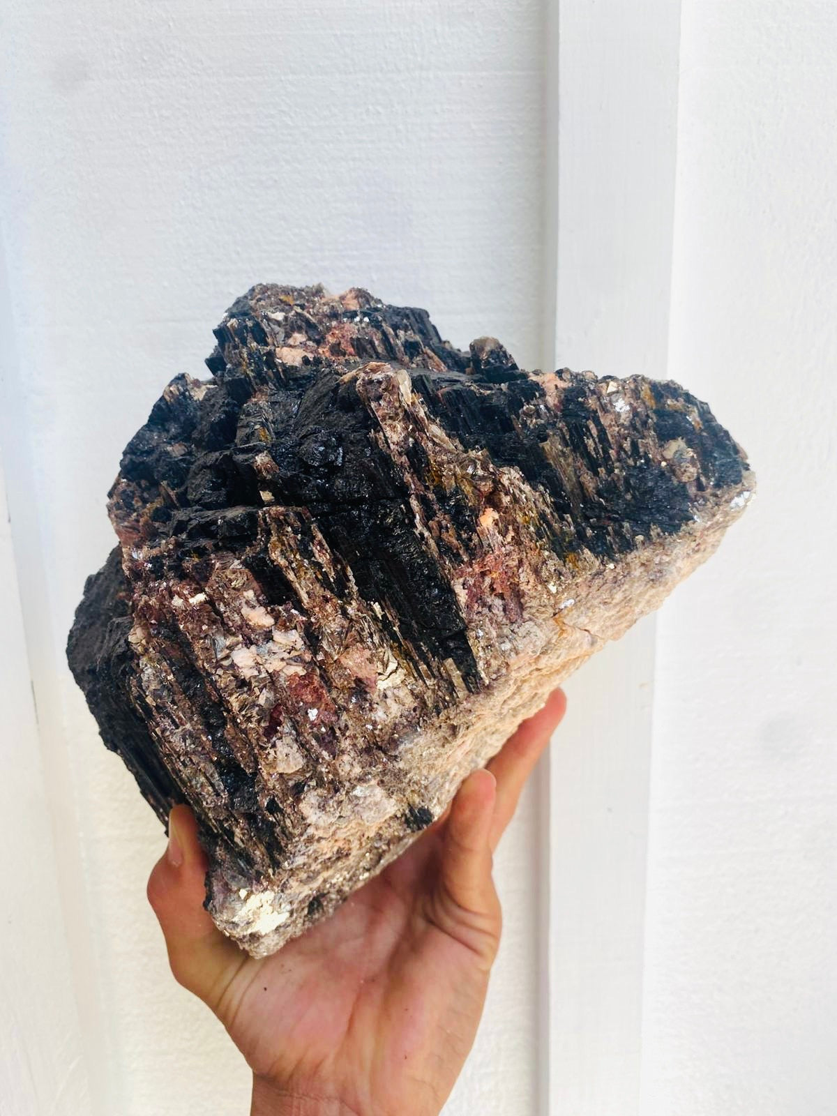 Large Black Tourmaline with Mica and Calcite